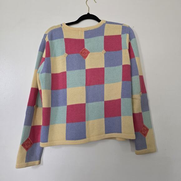 Vintage Pastel Checkered Cardigan Sweater Women L Fairy Embroidered Boho Cottage - Picture 6 of 9